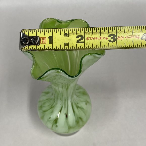 Art Glass Vase Hand Blown Green White Ruffled Rim Small 6.5" Tall Decor Flowers - Picture 9 of 10